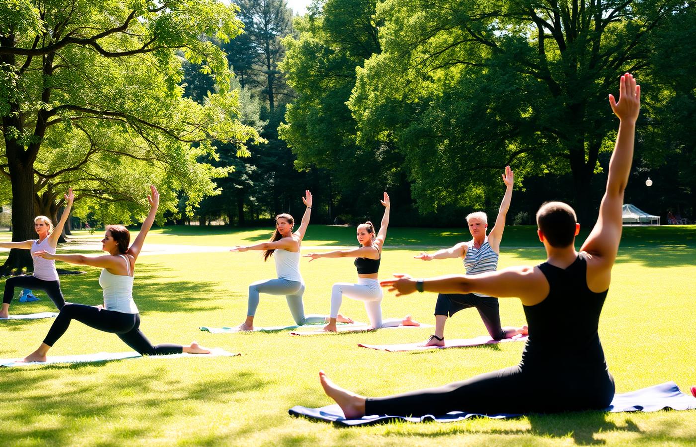 People practising gentle outdoor yoga in a sunlit park